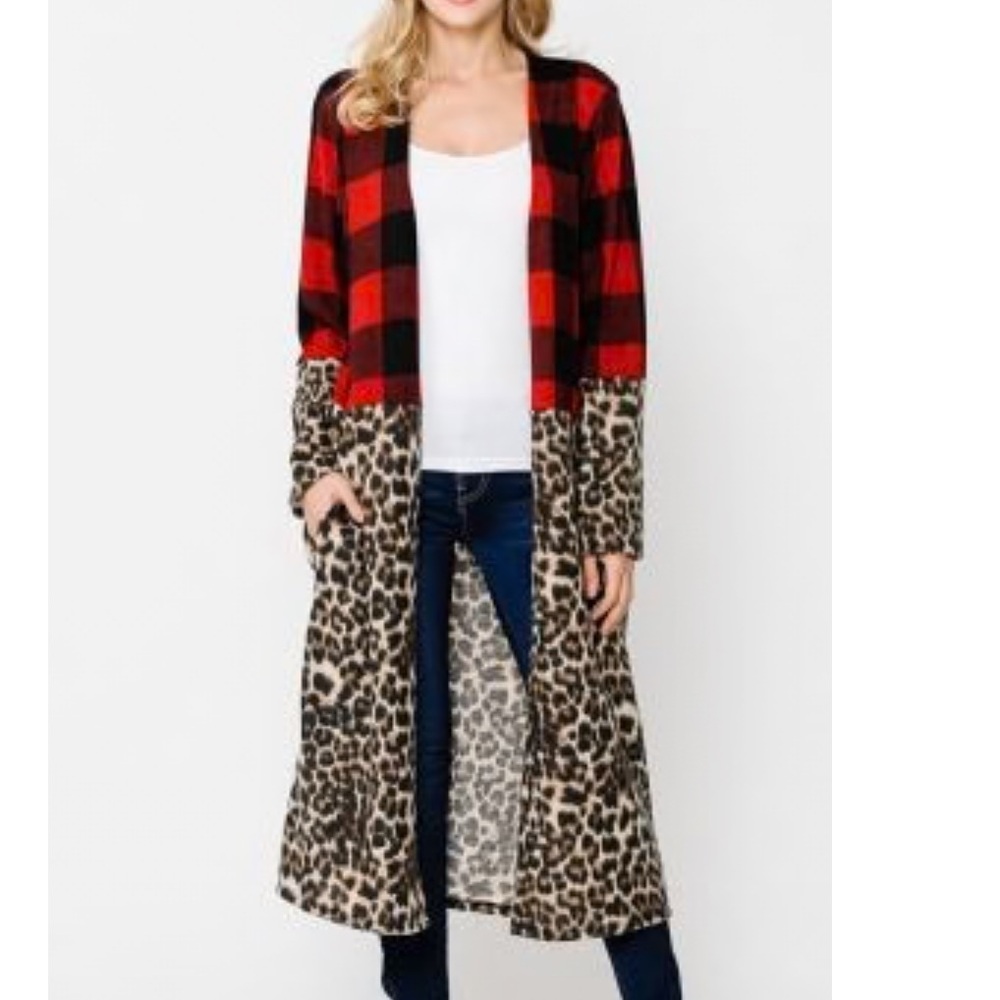 NWT Lilypad Buffalo Plaid Leopard Print Duster Cardigan Pockets Plus XL NWT